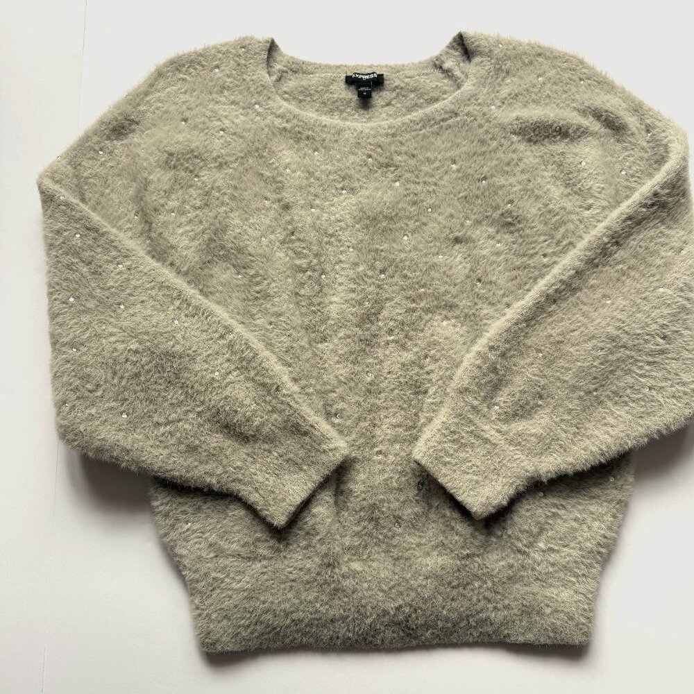Express Womens Grey Fuzzy Crew Neck Sweater with Rhinestones Size M